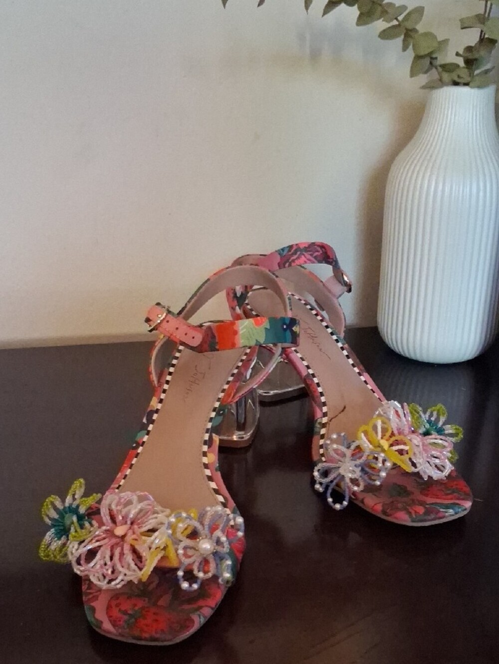 Betsey Johnson Multicolor Floral Beaded Ankle-Strap Heels